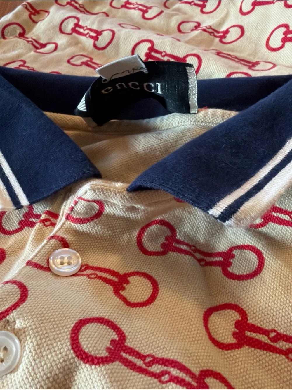 GUCCI HORSEBIT PRINT COTTON POLO SHIRT Cream Red Size Small